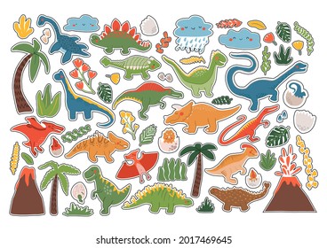 Un juego de dinosaurios de dibujos animados. Ilustraciones planas lagarto prehistórico para los niños. Afiche infantil con reptiles jurásicos. Dino de caracteres dibujados a mano, palmas, aislado en fondo blanco