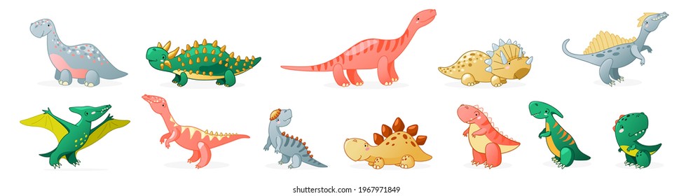Cute cartoon dinosaur set. Funny dino characters for kids design. Vector illustration isolated on white background.