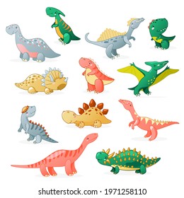 Cute cartoon dinosaur set. Funny dino characters for kids design. Vector illustration isolated on white background.