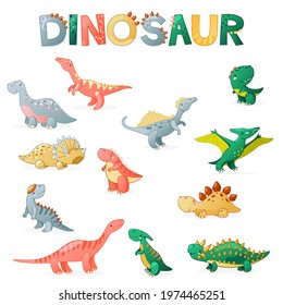 Cute cartoon dinosaur set. Funny dino characters for kids design. Vector illustration isolated on white background.