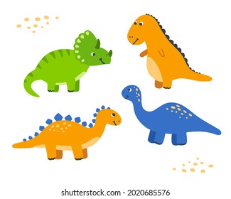 Cute cartoon dinosaur set. Hand-drawn dinos for kid. Vector illustration for children. 