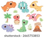 Cute Cartoon Dinosaur Set with Volcano and Prehistoric Plants Vector Illustration