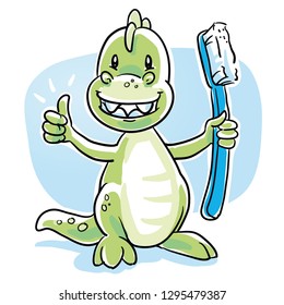 Cute cartoon dinosaur with shiny teeth, holding a toothbrush, showing thumb up. Hand drawn cartoon sketch vector illustration, whiteboard marker style coloring. 