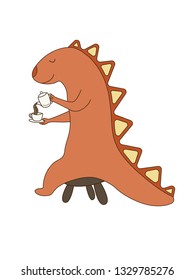 Cute cartoon dinosaur sits on a chair and pours tea into a cup
