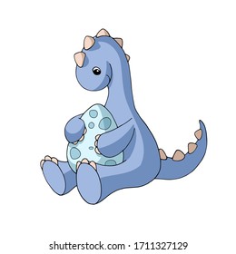 Cute cartoon dinosaur sitting and hugging an egg. Waiting for a baby. Gentle turquoise and purple pastel colors. Vector illustration. Isolated object on white background for kids products.