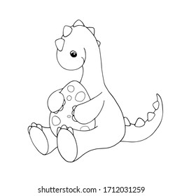 Cute cartoon dinosaur sitting and hugging an egg. Waiting for a baby. White and black vector illustration for coloring book.