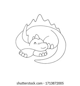 Cute cartoon dinosaur sleeping curled up. White and black vector illustration for coloring book.