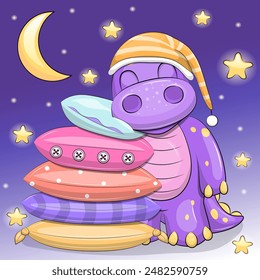 Cute cartoon dinosaur is sleeping on the pillows. Night vector illustration on a dark blue background with stars and moon.