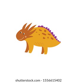 Cute cartoon dinosaur smiling, yellow dino with friendly face and scales, little monster baby of extinct prehistoric animals in hand drawn comic style, isolated vector illustration on white background