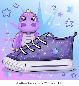 A cute cartoon dinosaur with a sneaker. Vector illustration of an animal on a colorful background with stars.