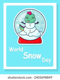 Cute cartoon dinosaur snowman. Snow globe. Christmas card. Children's vector illustration.