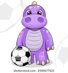 Dinosaurio lindo de la historieta con la pelota de fútbol. Ilustración vectorial de un animal jugando al fútbol sobre un fondo blanco con pelotas.