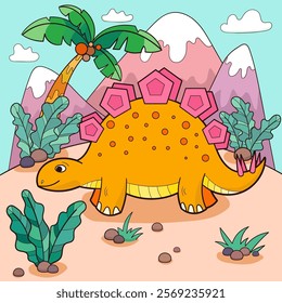 Cute cartoon dinosaur stegosaurus on the background of a prehistoric landscape. For the design of prints, posters, cards, stickers, puzzles, etc. Vector illustration