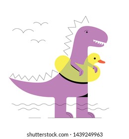 Cute cartoon dinosaur in a swim ring. Trendy vector illustration