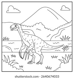 Cute cartoon dinosaur Therizinosaurus, funny illustration, coloring book for kids and children.