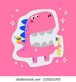 Cute cartoon dinosaur with toothbrush and dental floss. A picture with sparkles in the form of stars. Cute baby illustration in flat style. Sticker, merch, promotional sticker for brushing your teeth.