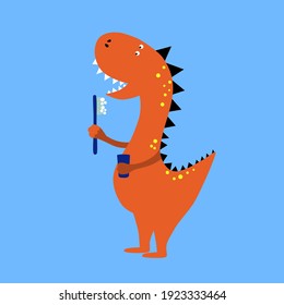 Cute cartoon dinosaur with toothbrush. Funny cute kid drawn characters. Vector illustration.