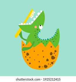 Cute cartoon dinosaur with toothbrush. Funny cute kid drawn characters. Vector illustration.