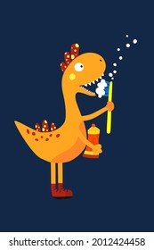 Cute cartoon dinosaur with toothbrush. Funny cute kid drawn characters. Vector illustration. Background is ideal for children's clothing, textiles, stickers.
