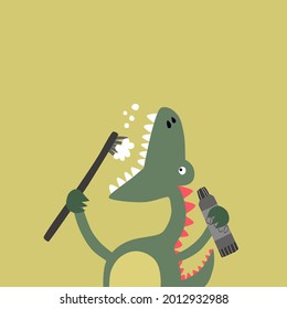 Cute cartoon dinosaur with toothbrush. Funny cute kid drawn characters. Vector illustration. Background is ideal for children's clothing, textiles, stickers.