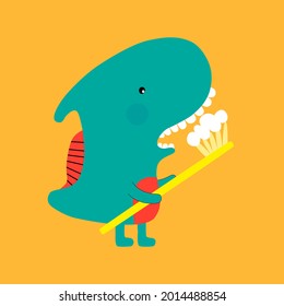 Cute cartoon dinosaur with toothbrush. Funny cute kid drawn characters. Vector illustration. Background is ideal for children's clothing, textiles, stickers.