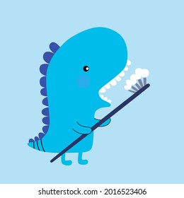 Cute cartoon dinosaur with toothbrush. Funny cute kid drawn characters. Vector illustration. Background is ideal for children's clothing, textiles, stickers.