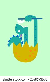 Cute cartoon dinosaur with toothbrush. Funny cute kid drawn characters. Vector illustration. Background is ideal for children's clothing, textiles, stickers, T-shirts, wrapping paper, web.