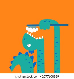 Cute cartoon dinosaur with toothbrush. Funny cute kid drawn characters. Vector illustration. Background is ideal for children's clothing, textiles, stickers, T-shirts, wrapping paper, web.