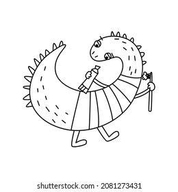 Cute cartoon dinosaur with toothbrush. Funny cute kid drawn characters. Vector illustration. Background is ideal for children's clothing, textiles, stickers, T-shirts, wrapping paper, web.