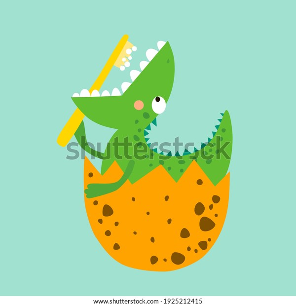 Cute cartoon dinosaur with\
toothbrush. Funny cute kid drawn characters. Vector\
illustration.