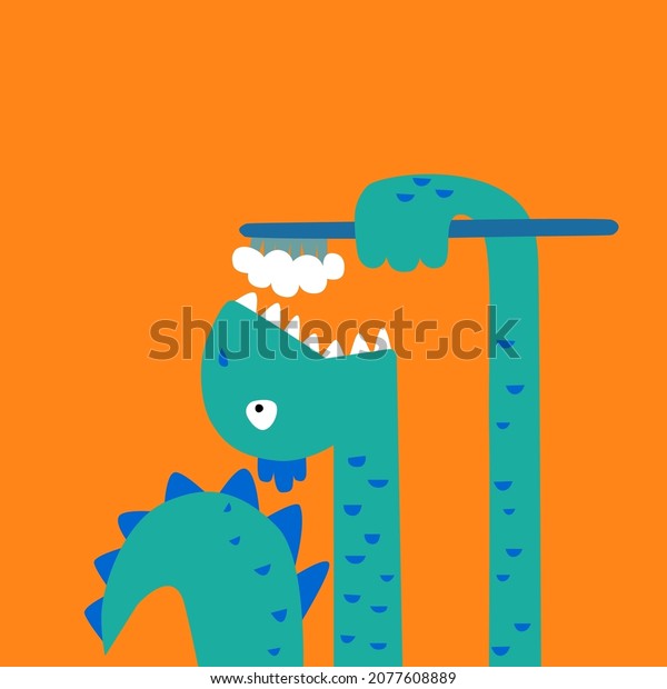 Cute\
cartoon dinosaur with toothbrush. Funny cute kid drawn characters.\
Vector illustration. Background is ideal for children\'s clothing,\
textiles, stickers, T-shirts, wrapping paper,\
web.