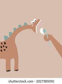 Cute cartoon dinosaur with toothbrush. Original design for boys and girls. Vector illustration. Background is ideal for children's clothing, textiles, stickers, T-shirts, wrapping paper, web.