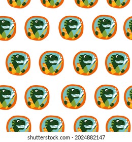 Cute cartoon dinosaur with toothbrush. Seamless pattern. Original design with t-rex for boys and girls. Vector illustration. Background is ideal for children's clothing, textiles, stickers, T-shirts.