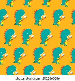 Cute cartoon dinosaur with toothbrush. Seamless pattern. Original design for boys and girls.  Background is ideal for children's clothing, textiles, stickers, T-shirts, wrapping paper, web.