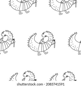 Cute cartoon dinosaur with toothbrush and toothpaste. Seamless pattern. Vector illustration. Background is ideal for children's clothing, textiles, merch, T-shirts, wrapping paper, web.