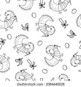 Cute Cartoon Dinosaurier mit Zahnbürste und Zahnpasta. Nahtloses Muster. Vektorgrafik. Der Hintergrund ist ideal für Kinderbekleidung, Textilien, Aufkleber, T-Shirts, Wickelpapier, Web.