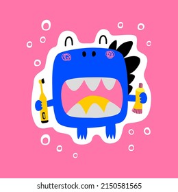 Cute cartoon dinosaur with toothbrush and toothpaste. A picture with sparkles in the form of spots. Cute baby illustration in flat style. Sticker, merch, promotional sticker for brushing your teeth. 