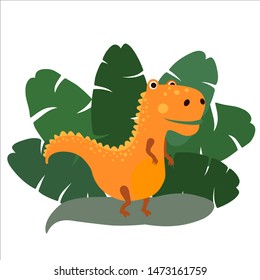 Cute, cartoon dinosaur tyrannosaur on the background of bushes of tropical palm leaves. Vector illustration