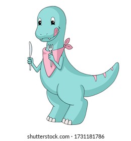 Cute cartoon dinosaur (tyrannosaur) wears a bib and holds a knife and a fork. Gentle turquoise and pink pastel colors.  Isolated object on white background. Decor element for kids products.