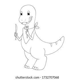 Cute cartoon dinosaur (tyrannosaur) wears a bib and holds a knife and a fork. White and black vector illustration for coloring book.