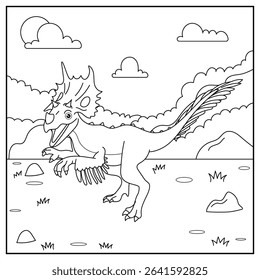 Cute cartoon dinosaur Utasinoraptor, funny illustration, coloring book for kids and children.