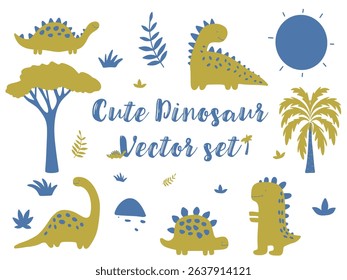 Cute Cartoon Dinosaur Vector Bundle with Trees and Sun, Prehistoric Animals Clipart