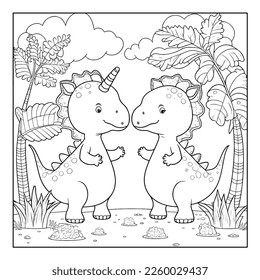 Dinosaurio de dibujos animados. Ilustración vectorial de un lindo personaje de dinosaurio de dibujos animados para niños, coloreado y libro de chatarra.