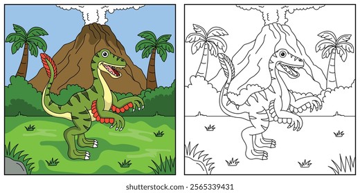 cute cartoon dinosaur velociraptor, funny illustration, coloring book for kids and children.