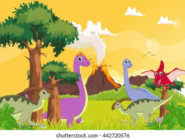 Cute cartoon dinosaur with volcano background