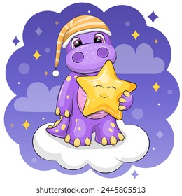 Cute cartoon dinosaur wearing a nightcap is holding a yellow star and standing on a cloud. Night vector illustration on a dark purple background.