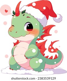 Cute cartoon Dinosaur wearing Santa hat, Christmas Dinosaur, New Year Dinosaur