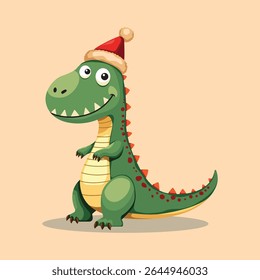 Dinossauro de desenho animado bonito vestindo um chapéu de Papai Noel, perfeito para desenhos de Natal e férias.