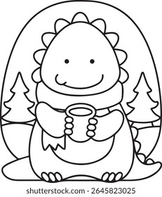 A cute cartoon dinosaur wearing a scarf and holding a mug, with stylized trees in the background, isolated on white background.