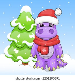 A cute cartoon dinosaur in a winter red hat and a scarf stands next to a winter tree. Vector illustration of the animal on a blue background with snow.